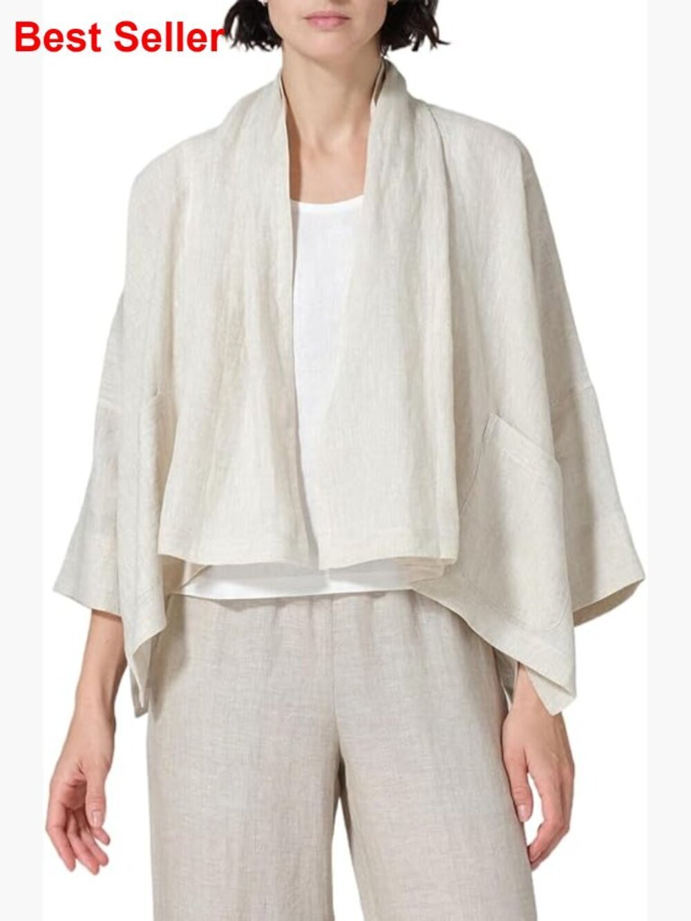 Linen Blended Fabric Lightweight 3/4 Sleeve Cardigan Kimono Cover Up